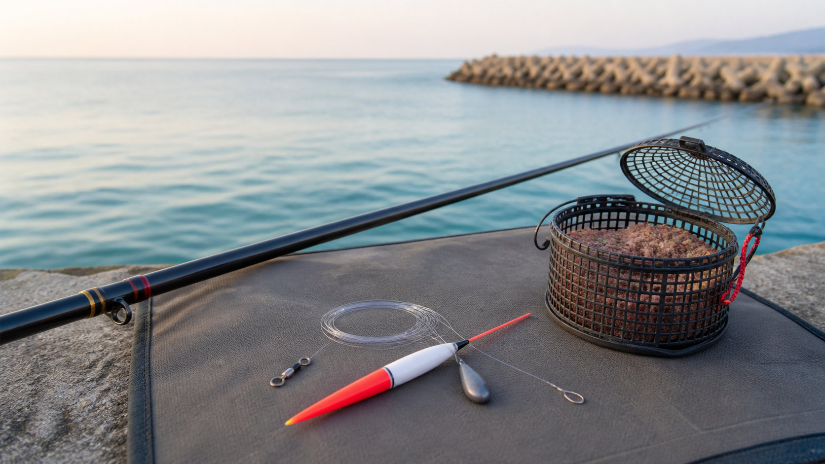 海辺の堤防に並べたカゴ釣り仕掛けの基本パーツ