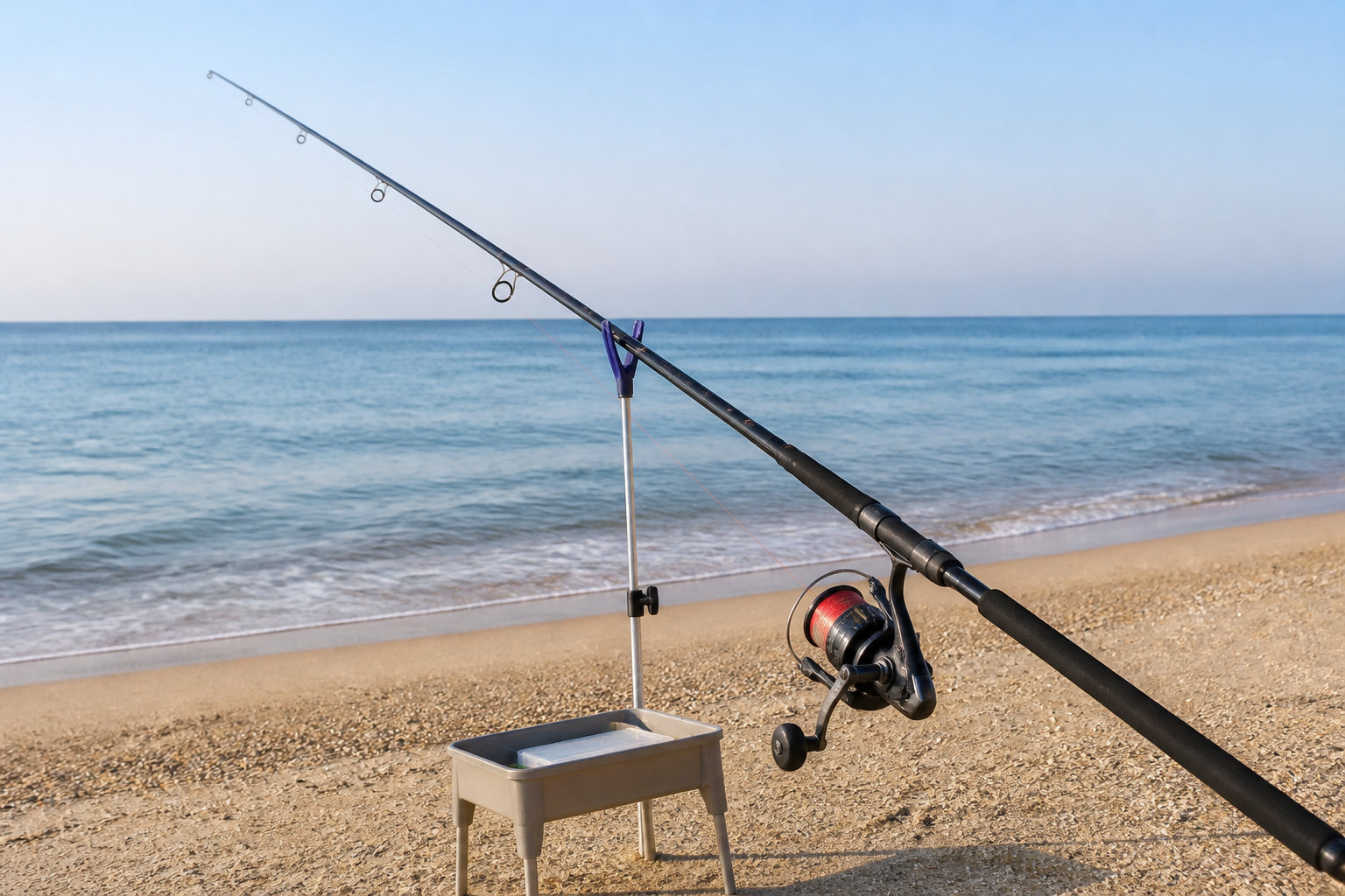 砂浜に置かれたキス釣り用の投げ竿とスピニングリール