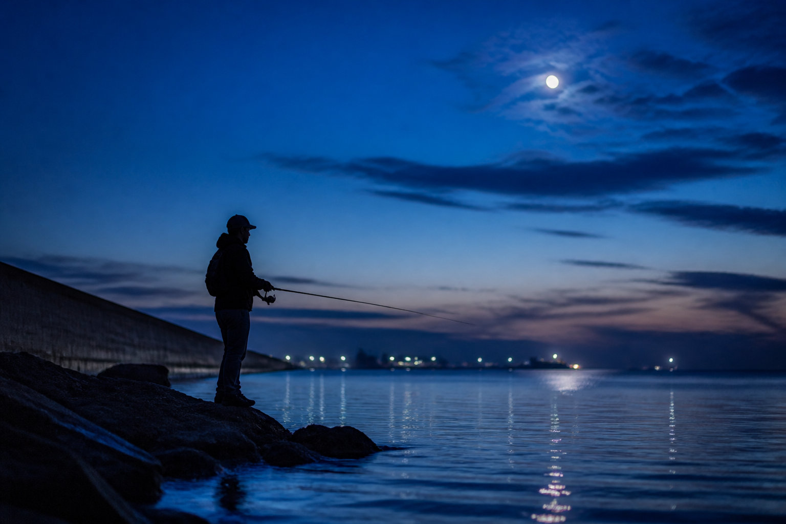 夕まずめの海辺でライトゲームをする釣り人のイメージ