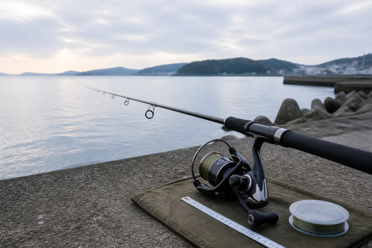 海辺の堤防に置かれたスピニングリールと釣り竿、ラインスプール