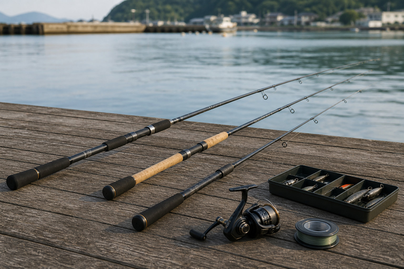 長さの異なる釣り竿とスピニングリールを並べた万能竿の選び方イメージ