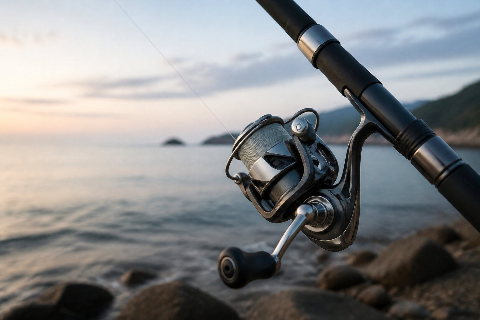 海辺を背景にした汎用的なスピニングリールとロッド
