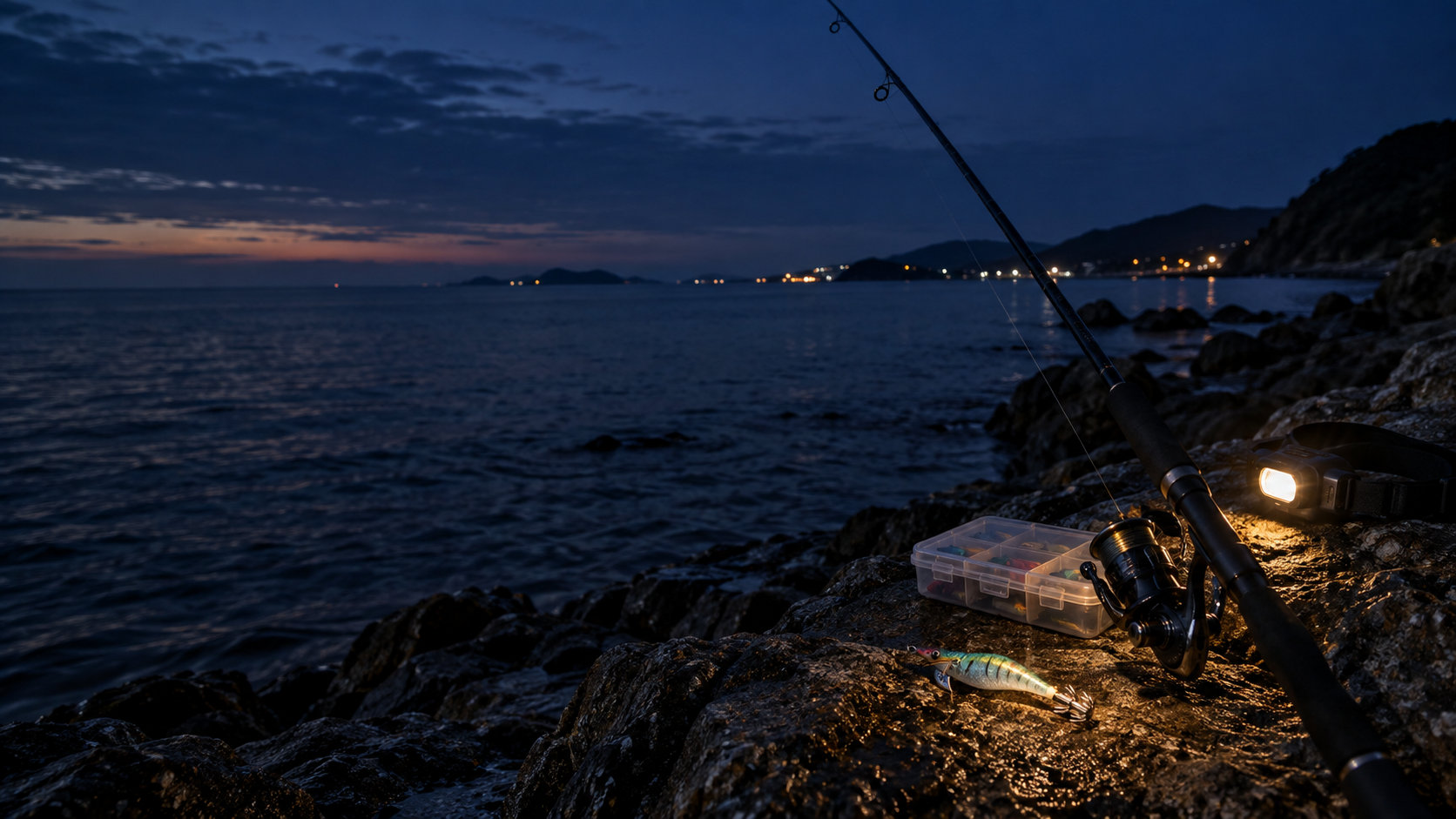 夜の海辺でエギング用ロッドとエギを準備した様子