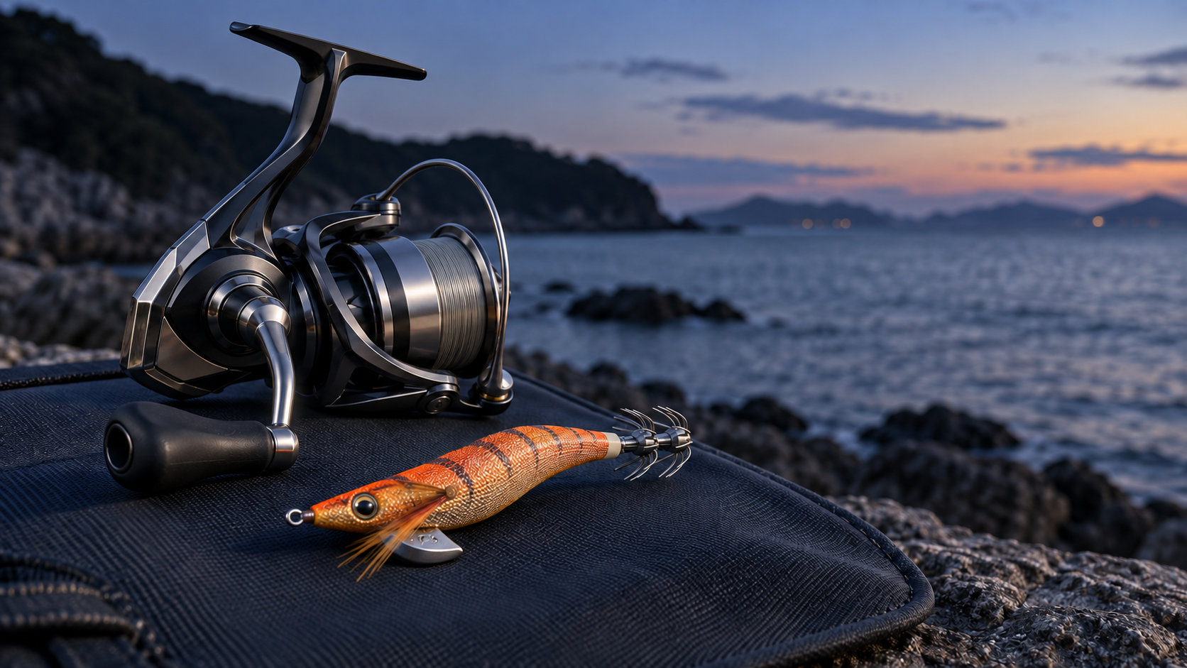 夕暮れの海辺に置かれたスピニングリールとオレンジ色のエギ