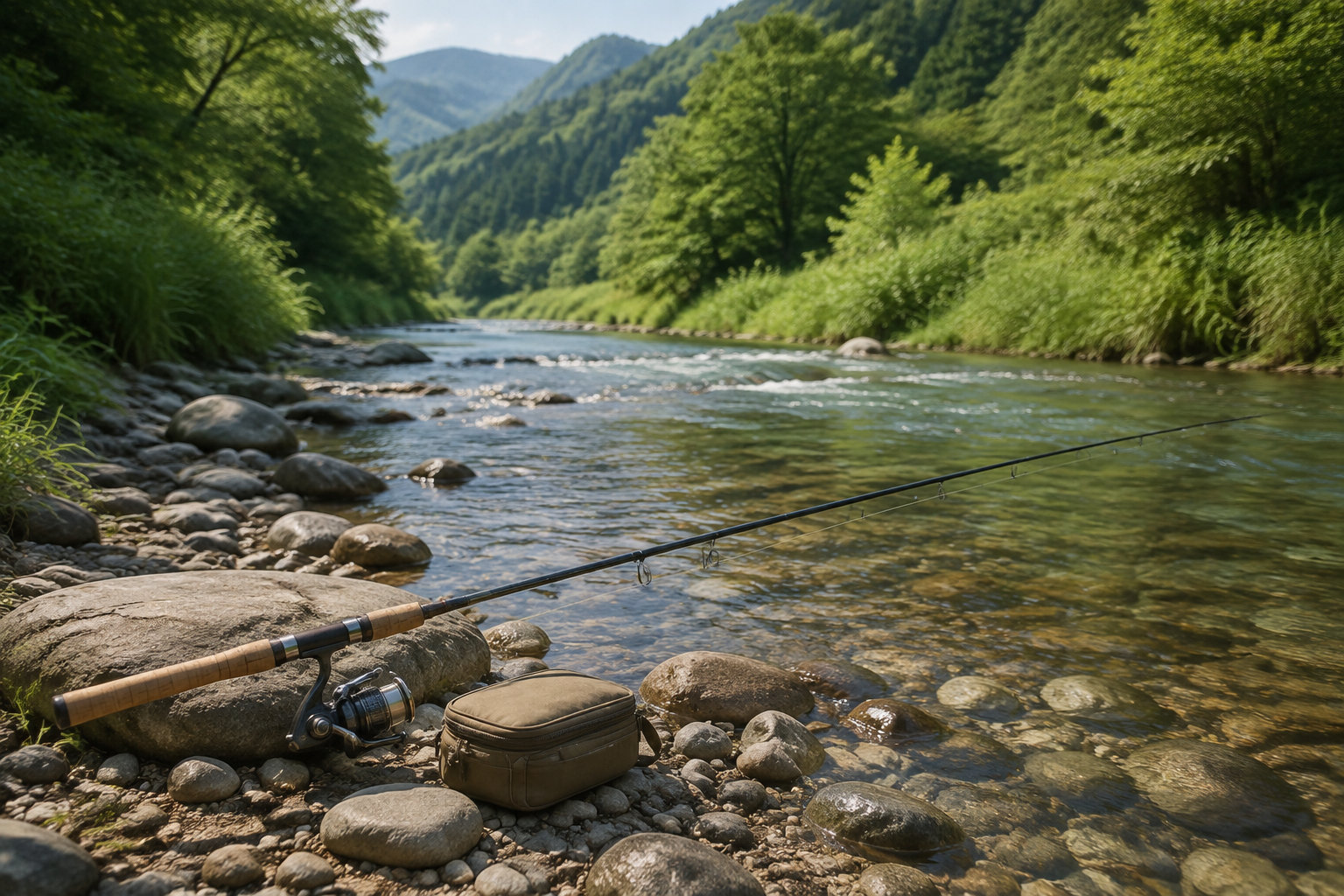 川辺に置かれた釣り竿と清流を写した川釣り用ロッドのイメージ
