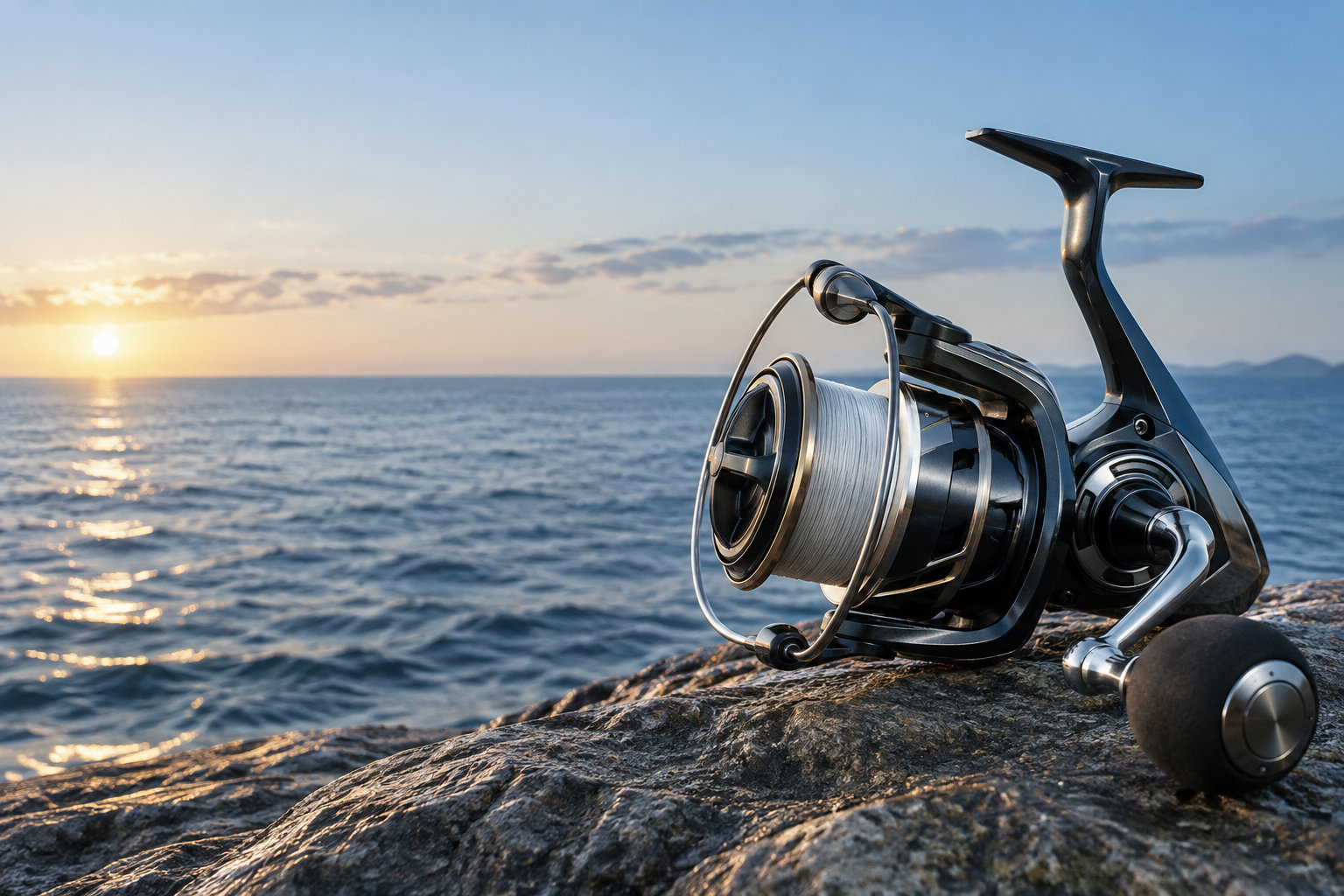 海辺に置かれた大型スピニングリールのイメージ