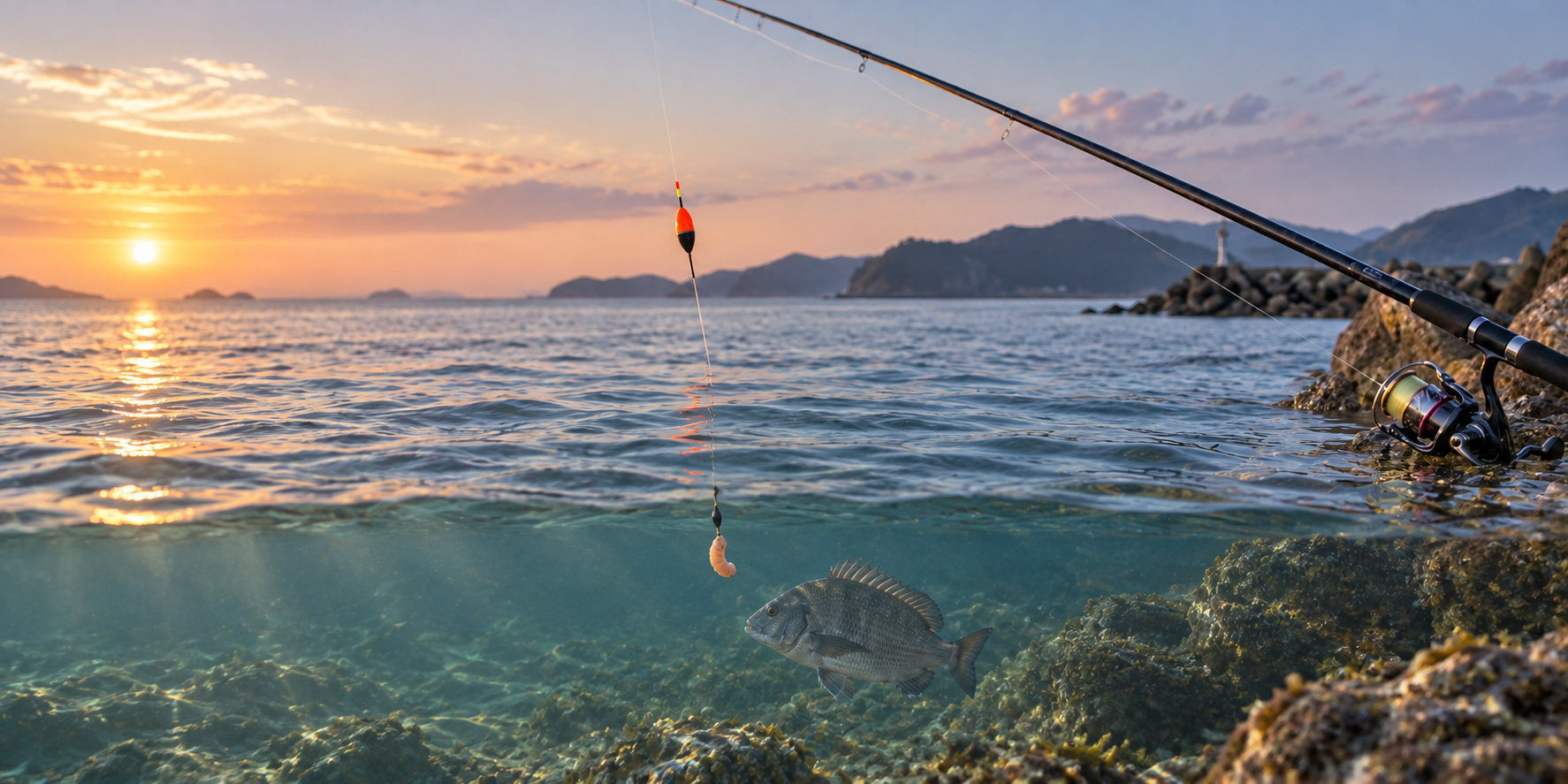 朝の海でウキ仕掛けを使ってチヌを狙うイメージ