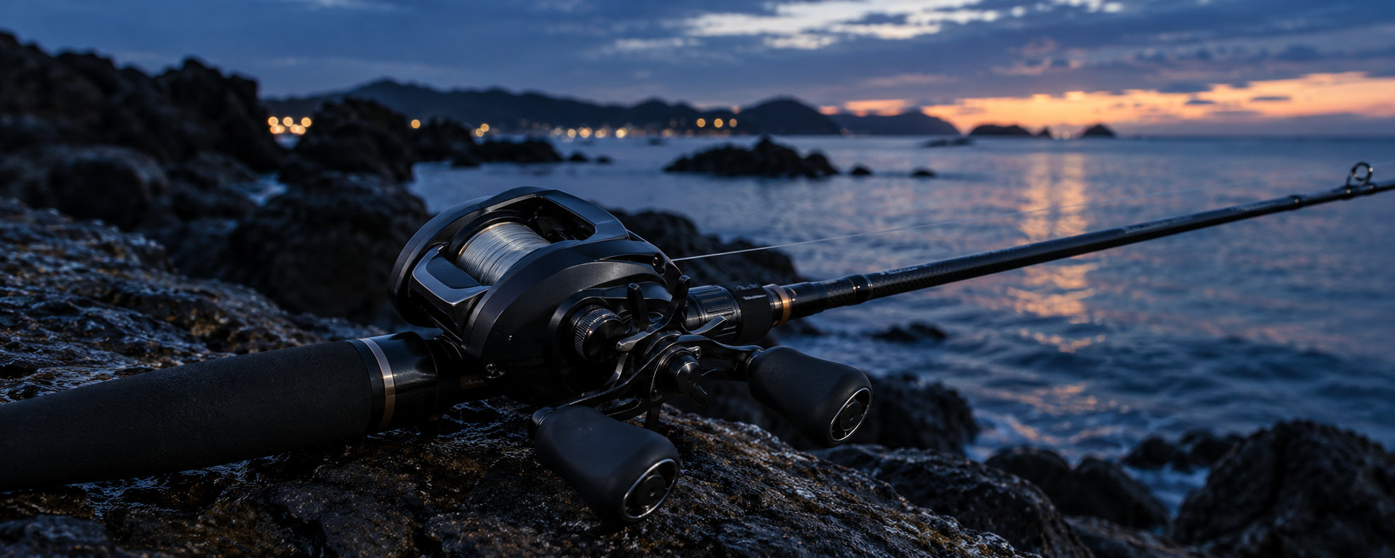 夕暮れの海辺に置かれた汎用ベイトリールとロッド