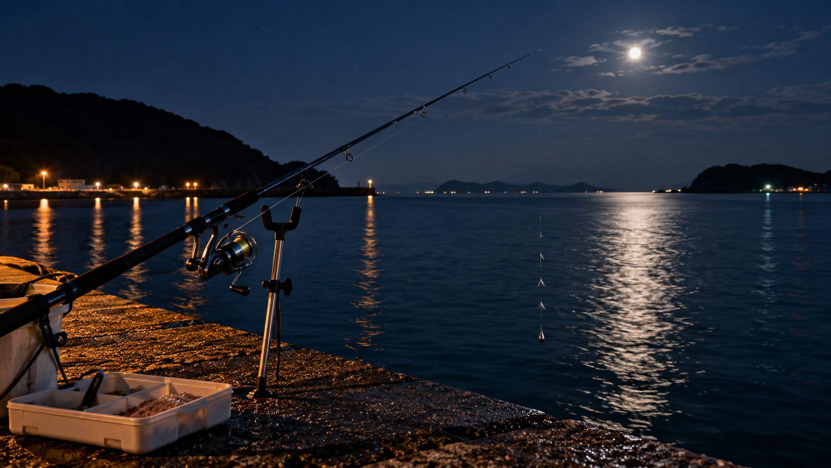 夜の海辺で竿立てに置かれたぶっこみサビキ仕掛け