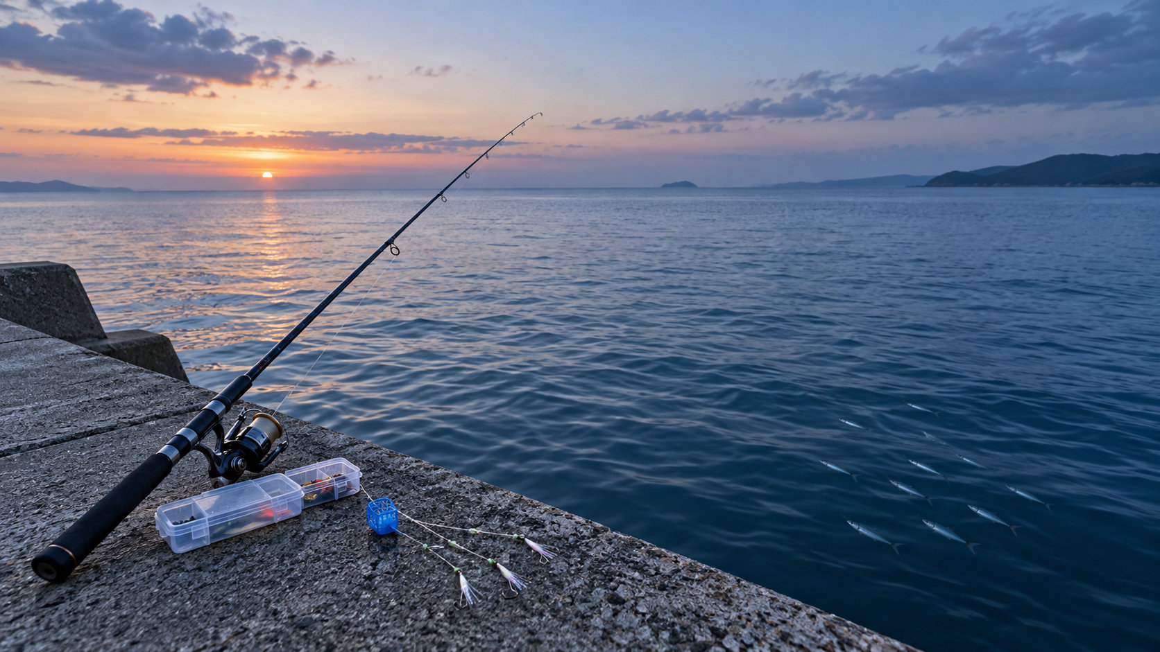 冬の海でサンマ釣りを考えるときの竿とサビキ仕掛けのイメージ